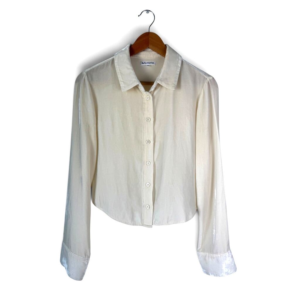 Reformation Velvet Long Sleeve Button Down Shirt Cream Minimalist Layering Small